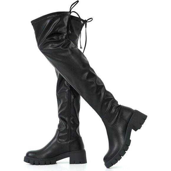 Women's Platform Boots-990-black Pu Over The Knee Thigh High Round Toe Long Boot - Picture 1 of 7